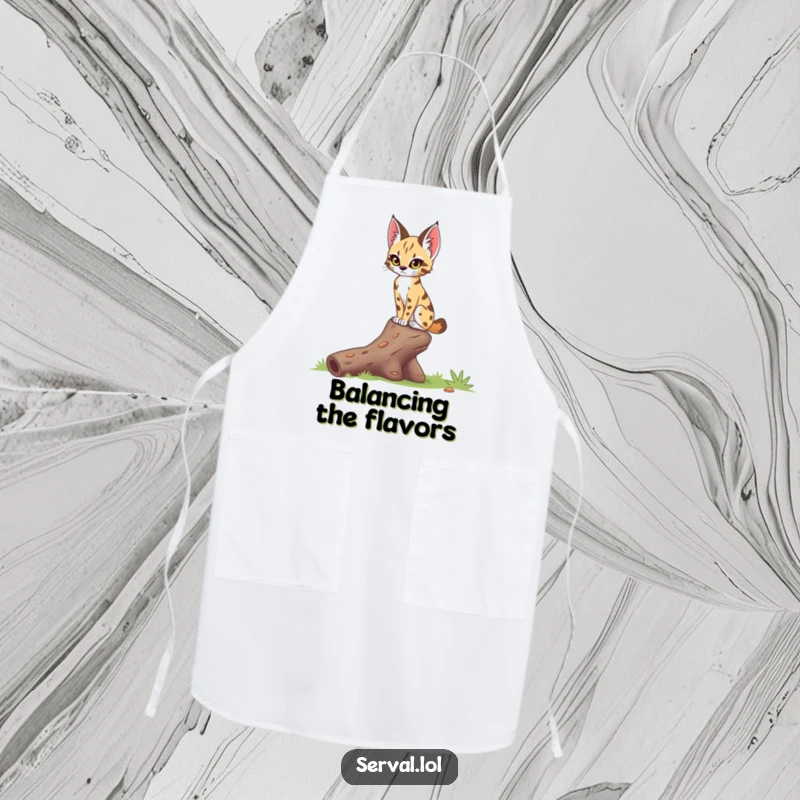 Funny serval apron depicting a serval with a focused gaze, delicately balancing on a fallen log, perfect for adding humor to cooking.