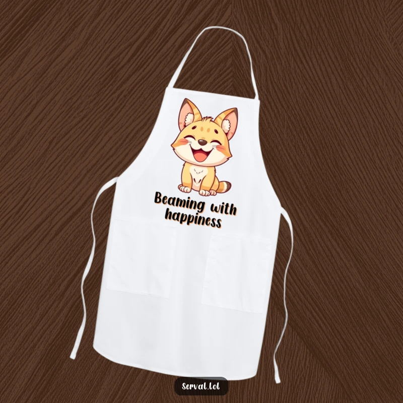 Funny kawaii serval cat with a big grin, cute kitchen accessory, durable and washable apron, a funny gift.