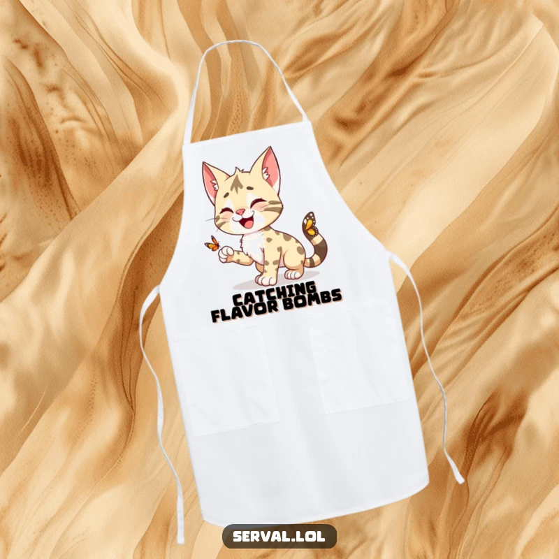 Funny Serval Apron: A happy serval character playfully pouncing towards a butterfly, designed for humorous kitchen tasks.