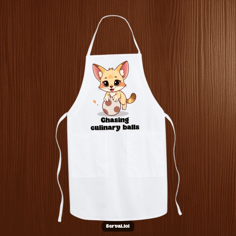 Funny serval apron featuring a cat doing a comical pounce on a rolling ball, adding fun to cooking.