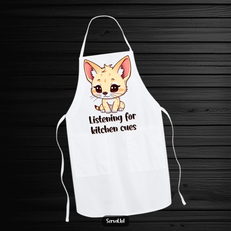 Funny kawaii serval apron, adorable serval character, perked ears listening pose, kitchen wear, practical and funny gift.