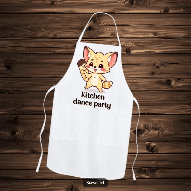 Funny kawaii serval character performing a nimble dance step, featured on a practical and humorous apron.