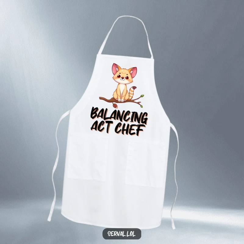 Funny serval apron showing a wild cat balancing on a thin branch, perfect for kitchen antics with a humorous twist.
