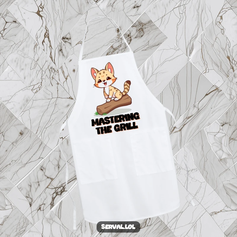 Funny Serval Apron showing a delighted serval proudly balancing on a log, perfect for kitchen activities.