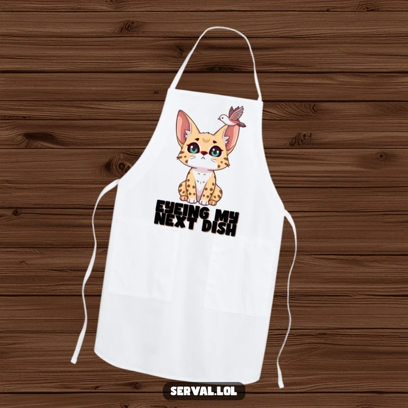 Funny serval apron depicting a serval with expressive eyes, intently watching a bird fly overhead, ideal for kitchen adventures.