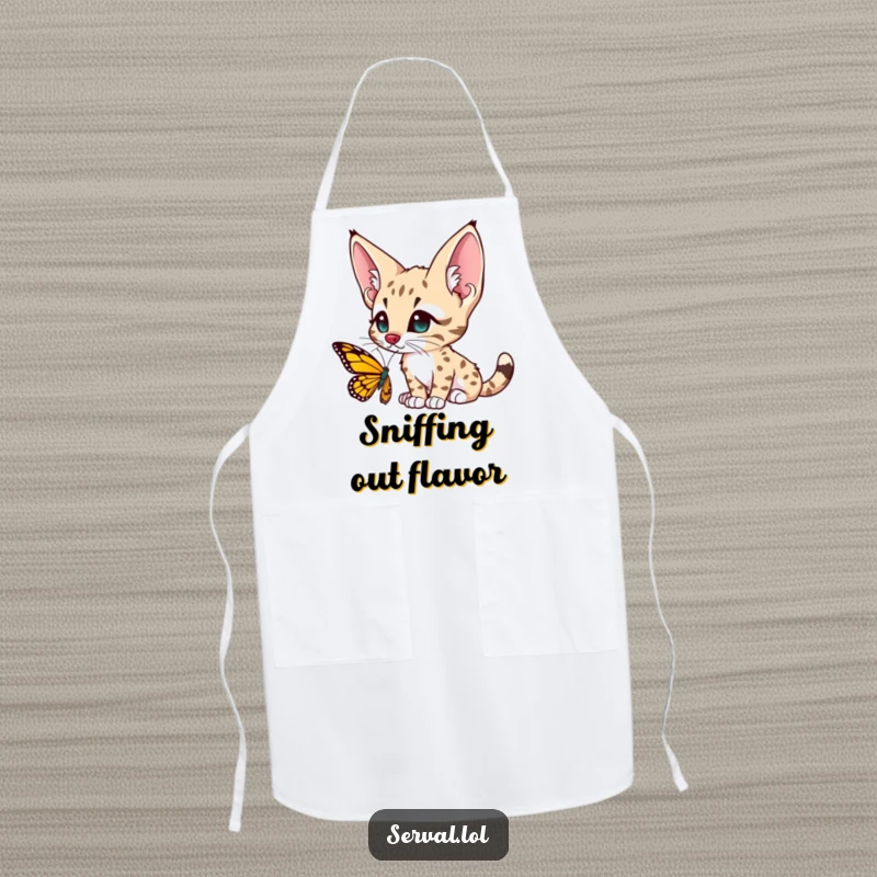Funny serval character apron, large ears perked, curiously observing a butterfly, adding a touch of gentle magic to cooking.