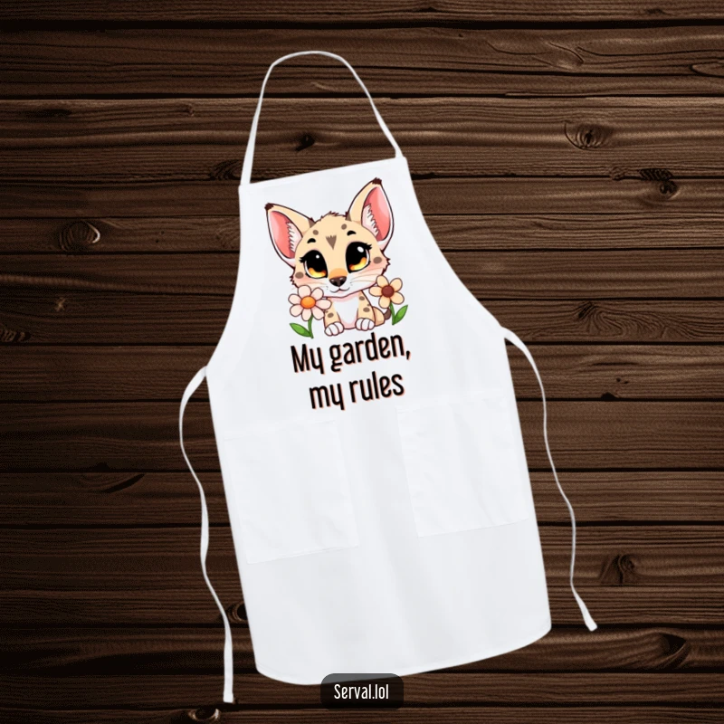 Funny serval apron showing a curious cat with wide eyes sniffing a flower, great for kitchen fun.