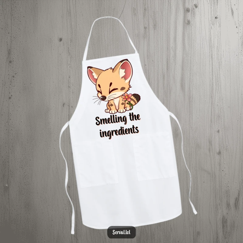 Funny Serval Apron showing a curious serval delightedly sniffing a colorful flower. Ideal for kitchen fun and protection.