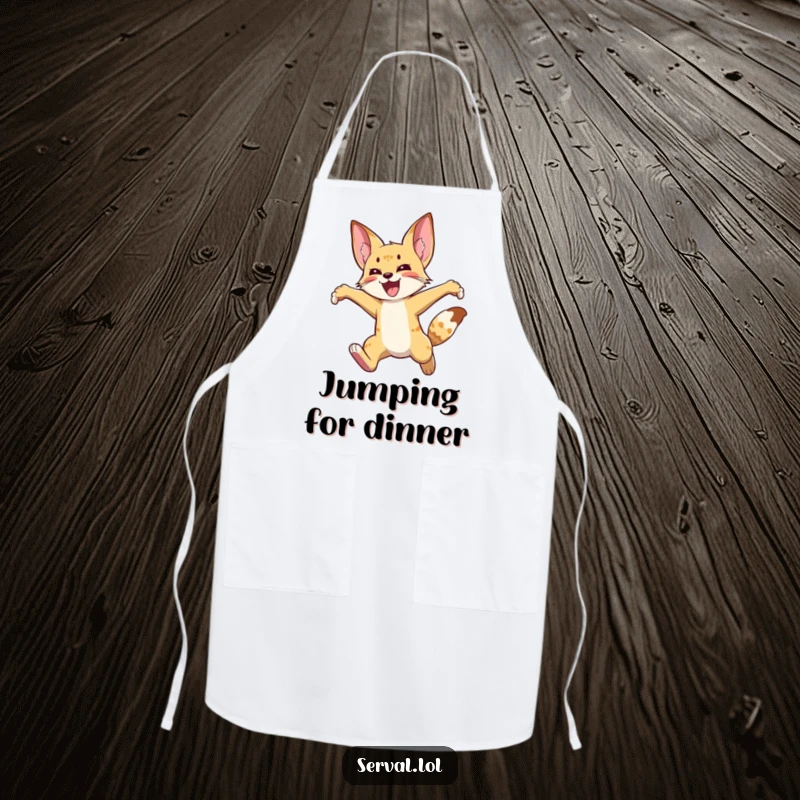 Funny serval apron showing a wild cat leaping high in the air with joy, perfect for adding a humorous spirit to cooking.