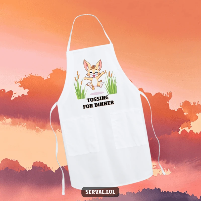 Funny serval character apron, joyfully leaping through tall grass, ready for culinary adventures with pure exuberance.