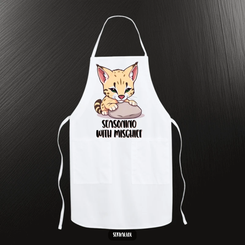 Funny serval apron depicting a serval playfully nudging a smooth pebble with its nose, perfect for adding humor to cooking.