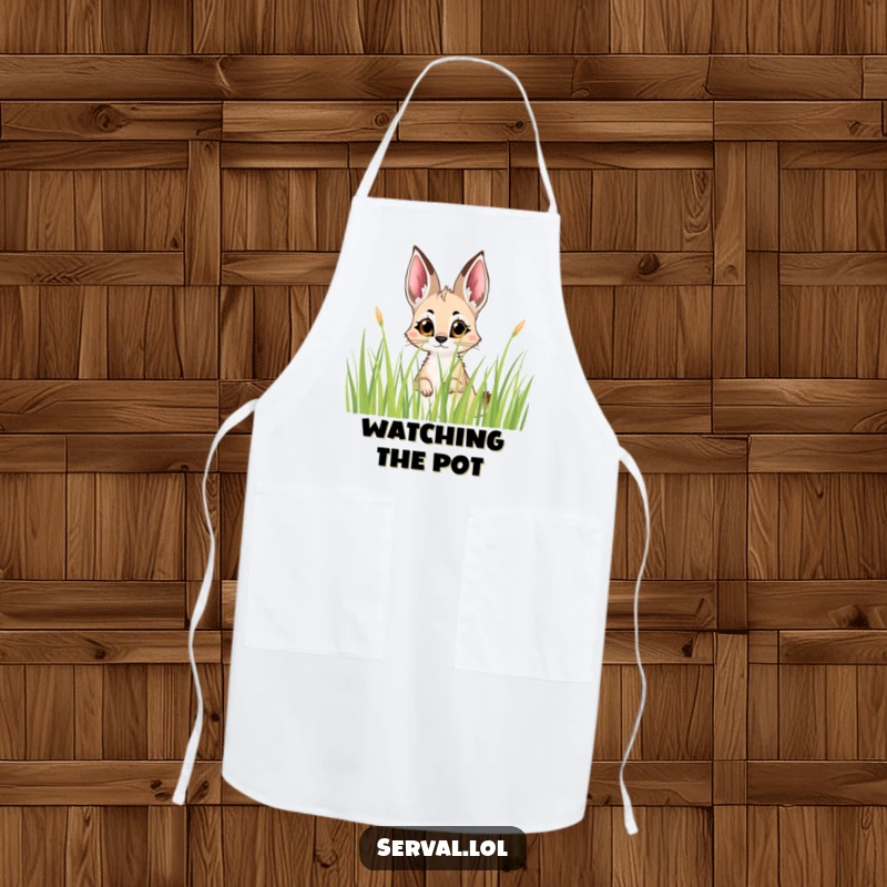 Funny Serval Peek Apron: A chef apron with a serval peeking curiously from grass, great for mysterious kitchen fun.