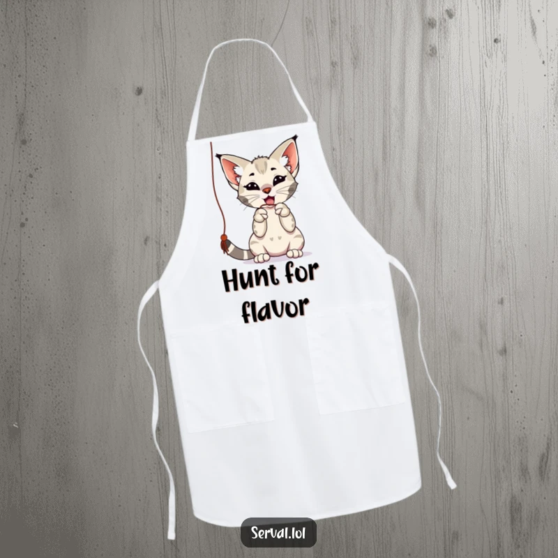 Funny serval apron with a playful serval batting at a dangling string with its paws, perfect for cooks and as a funny gift.