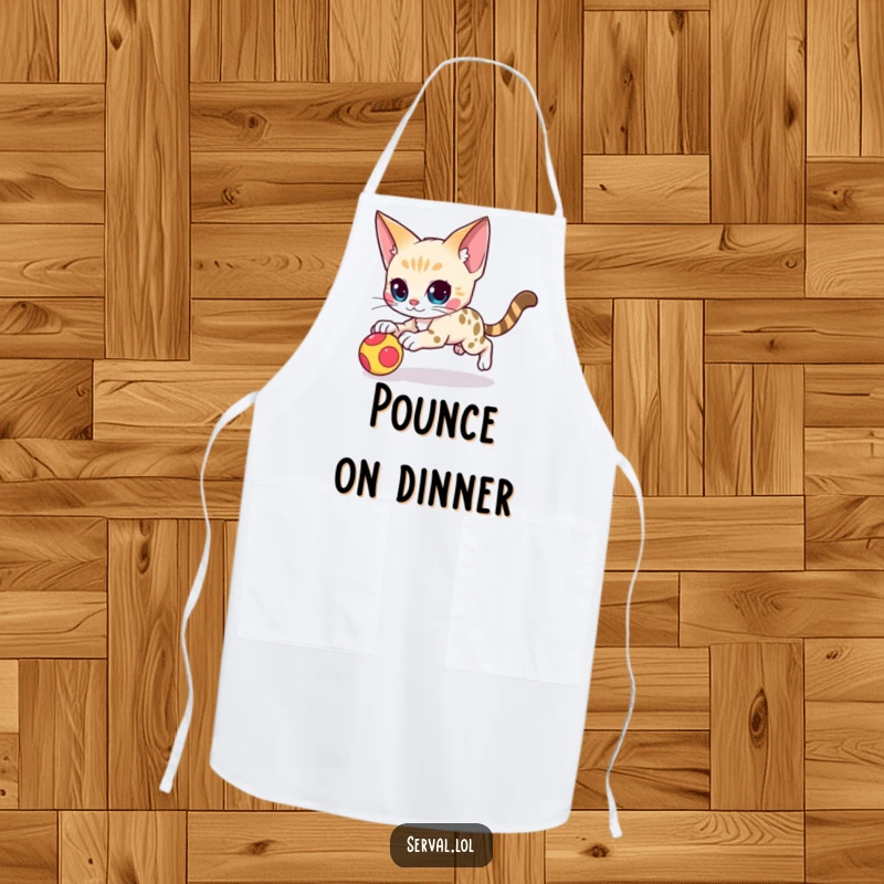 Funny serval cat character apron showing an agile serval cat executing a quick pounce, ideal for a playful and focused cooking experience.