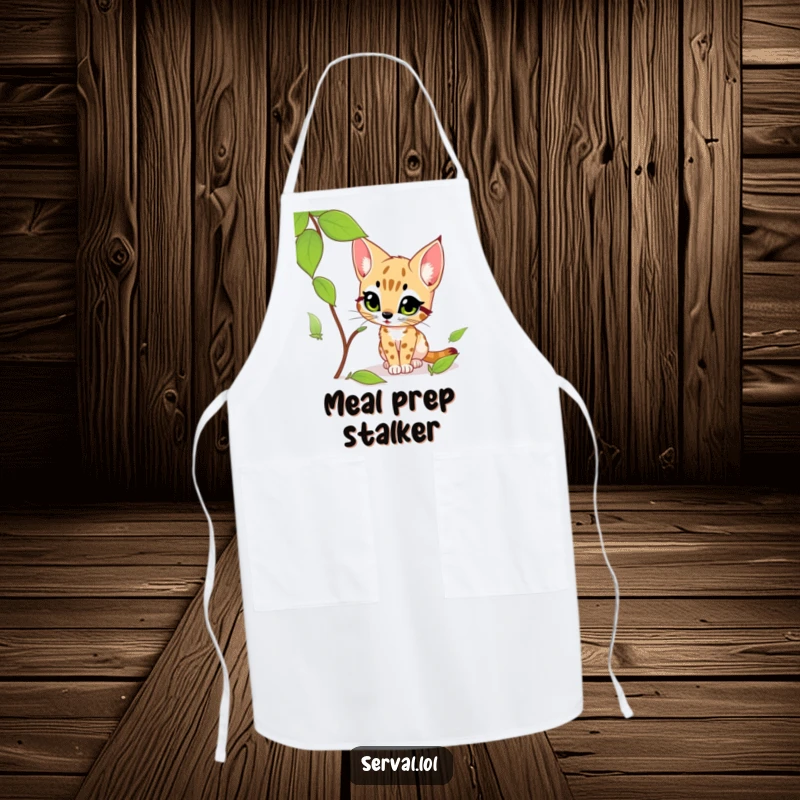 Funny serval apron depicting a serval curiously stalking a leaf with an excited expression, perfect for a humorous cooking experience.