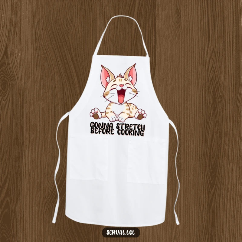Funny apron showing a serval cat mid-yawn and stretch, adding a humorous and charming touch to kitchen activities.