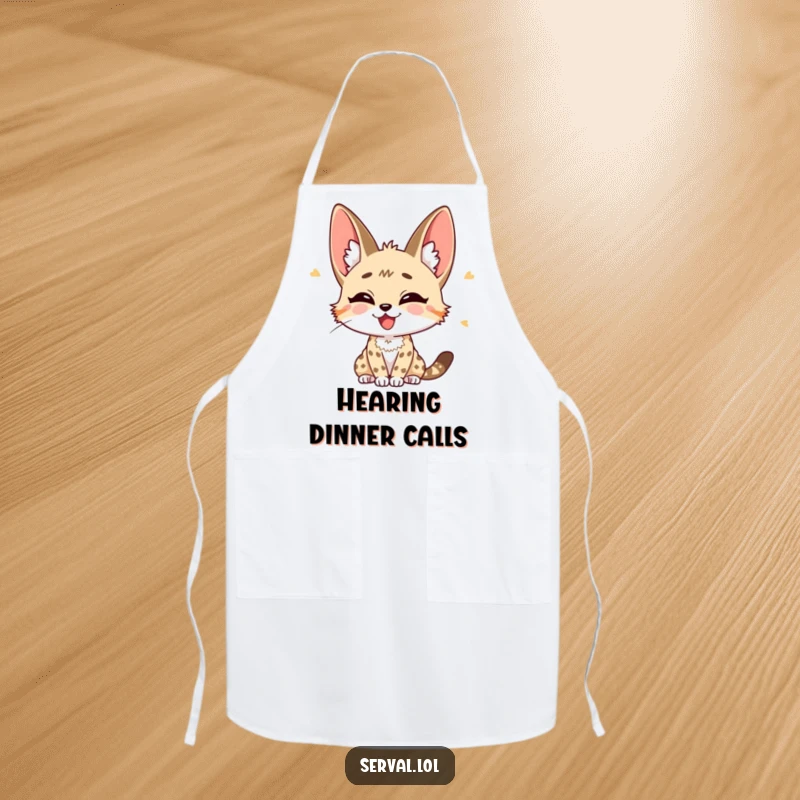 Funny Serval Apron: A serval character with ears perked, listening intently with joy, perfect for a funny kitchen gift.