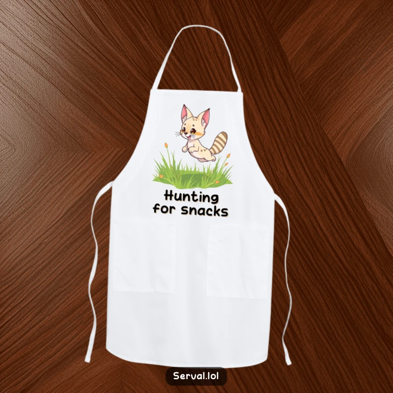 Funny Serval Apron: A cute serval character leaping playfully while wearing this hilarious kitchen apron for cooking fun.