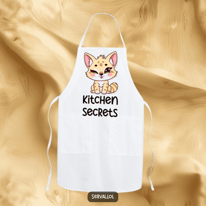Funny kawaii serval character winking suggestively with sparkling eyes, adding humor and personality to kitchen wear. Perfect gift.