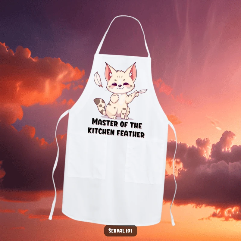 Funny serval apron showing a wild cat playfully batting at a feather, perfect for adding humor to cooking tasks.