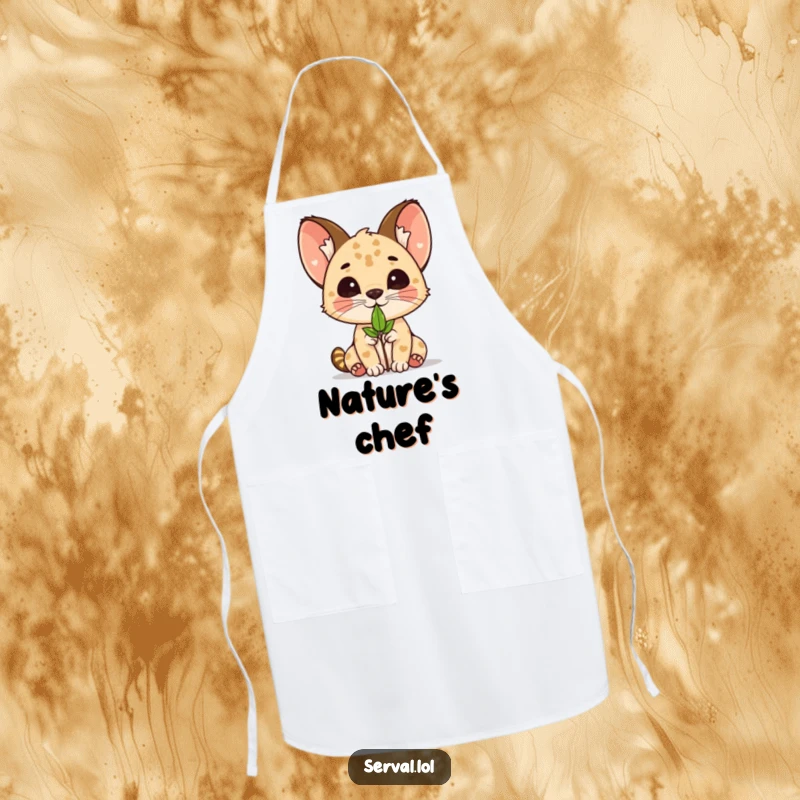 Funny kawaii serval cat balancing a small leaf on its nose, on a cute and practical kitchen apron.