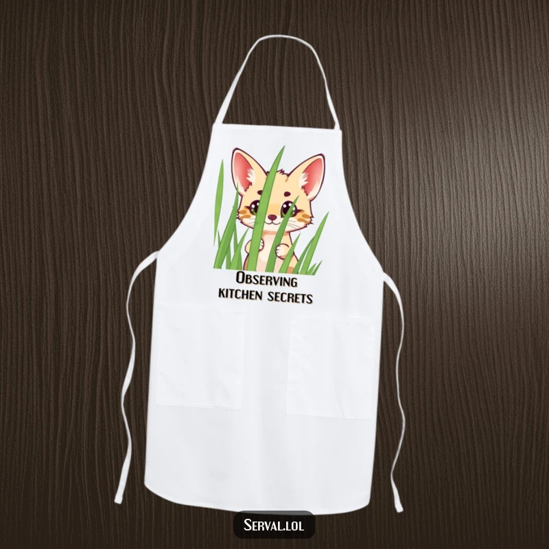 Funny Serval Apron featuring a cheerful serval peeking with wide eyes from behind grass, ideal for kitchen fun and protection.