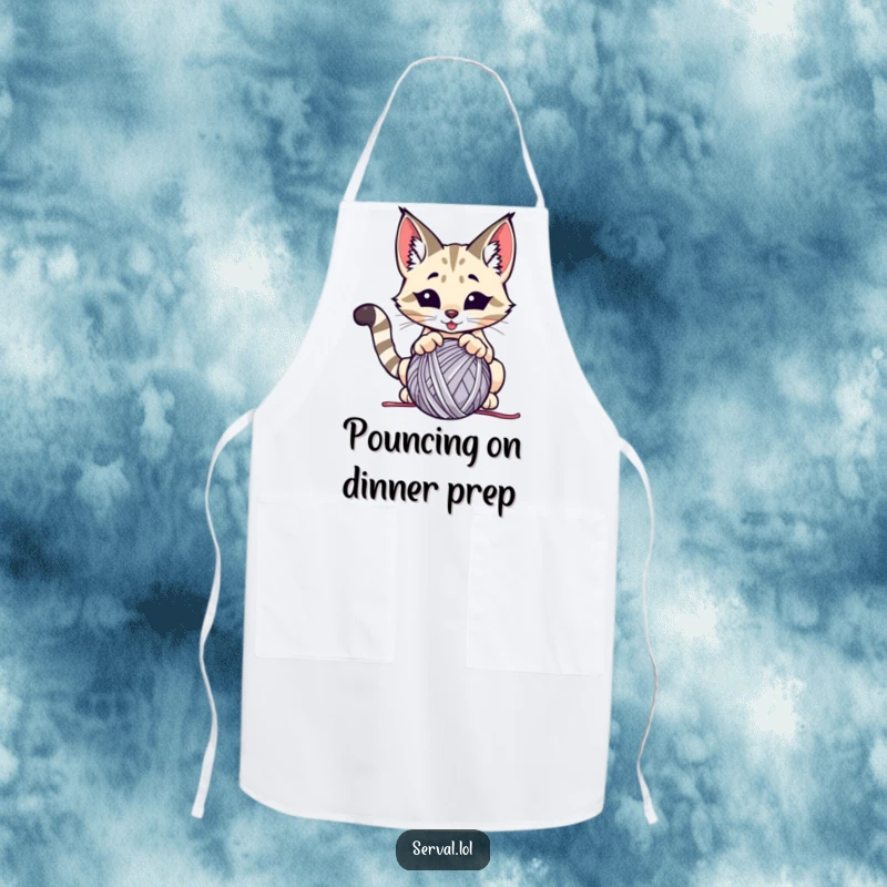 Funny serval apron, a wild cat comically pouncing on a ball of yarn, adding playful humor to kitchen wear.