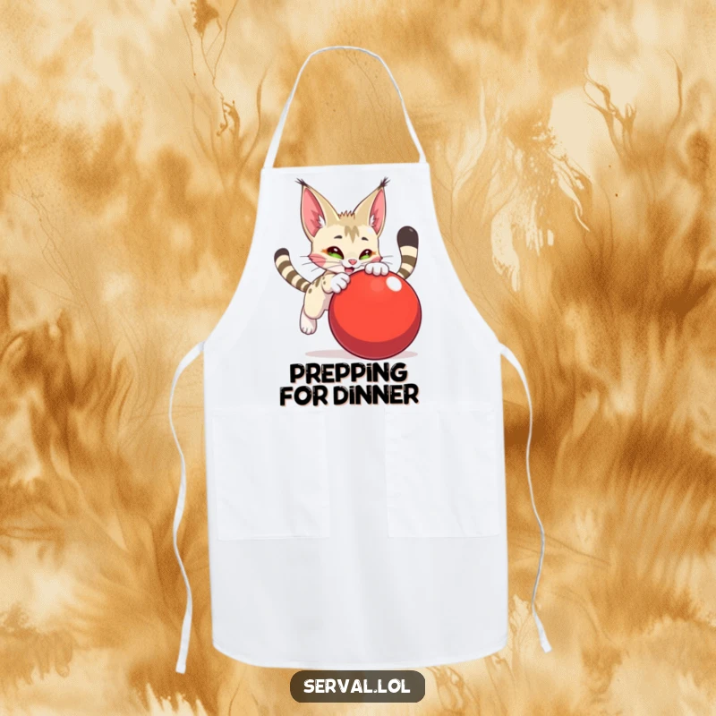Funny serval character apron, mid-pounce on a large red ball, ready for culinary adventures with a playful, determined look.