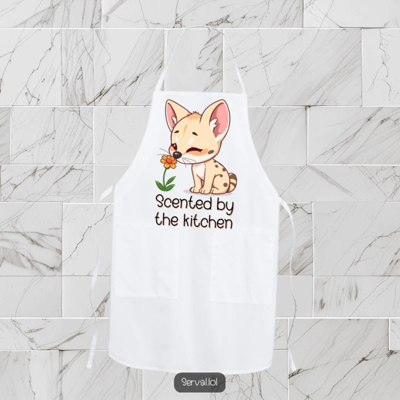 Funny Serval Apron: A curious serval joyfully sniffs a colorful flower, perfect for kitchen fun and nature lovers.