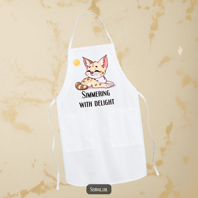 Funny serval apron depicting a serval languidly stretching in the morning sun, with a contented sigh adding a touch of humor.