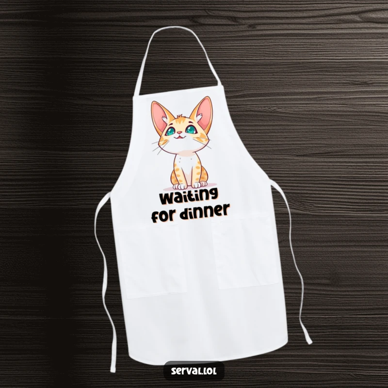 Funny serval cat character apron showing a serval cat looking up at the sky expectantly, ideal for a whimsical and hopeful cooking experience.