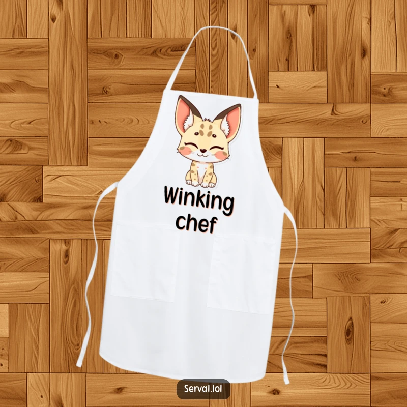 Funny serval apron showing a serval winking, with its distinctive spotted ears adding to the fun.