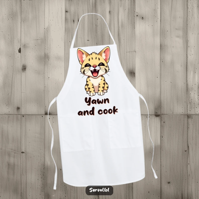Funny Serval Yawn Apron. A serval cat is depicted yawning widely, showing off its tiny teeth, adding a humorous touch to kitchen apparel.
