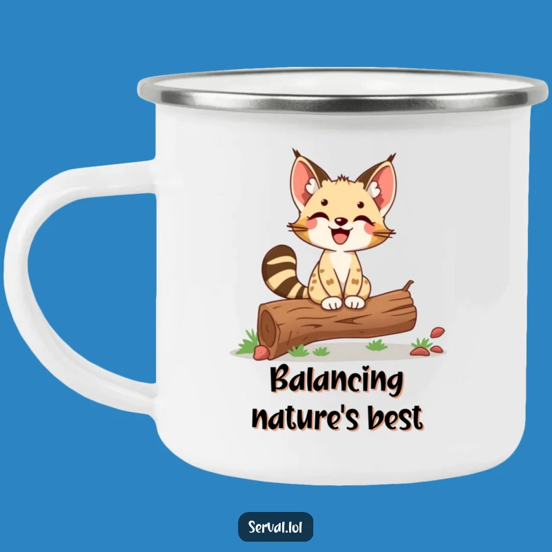 Funny Serval Balancing Camping Mug: Celebrate Victories Outdoors