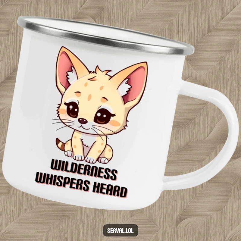 Funny kawaii serval camping mug, cute serval character with perked ears, listening pose, enamel mug, great funny gift.