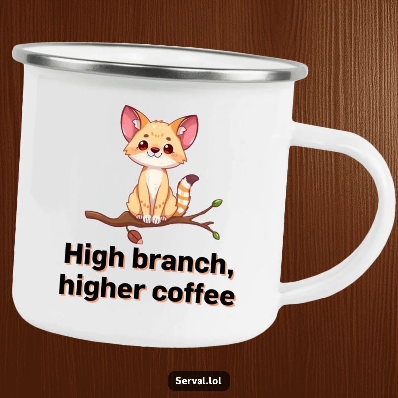 Funny serval camping mug showing a wild cat balancing on a thin branch, designed for outdoor enthusiasts who appreciate humor.