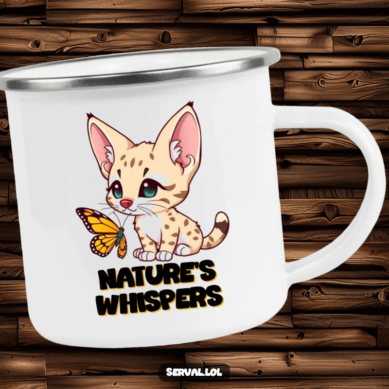 Funny serval character camping mug, large ears perked, looking curiously at a butterfly, inspiring awe in the great outdoors.