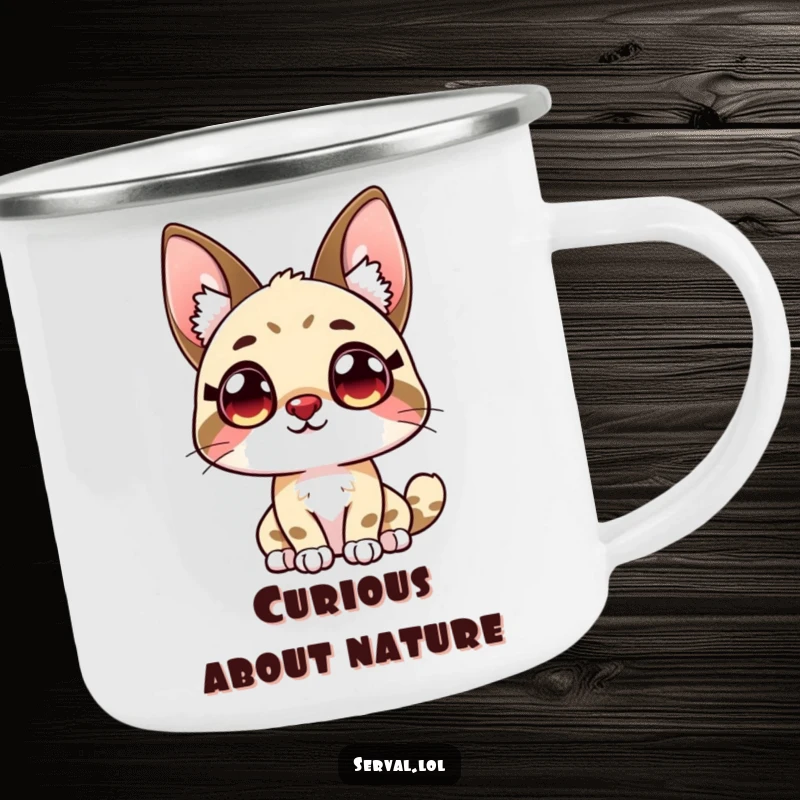 Funny kawaii serval cat with big, curious eyes looking upwards, featured on a sturdy camping mug.