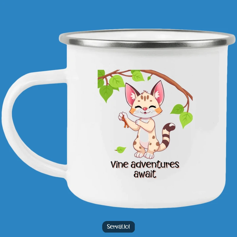 Funny Serval Camping Mug - Playful Vine Companion, Humorous Outdoor Gift