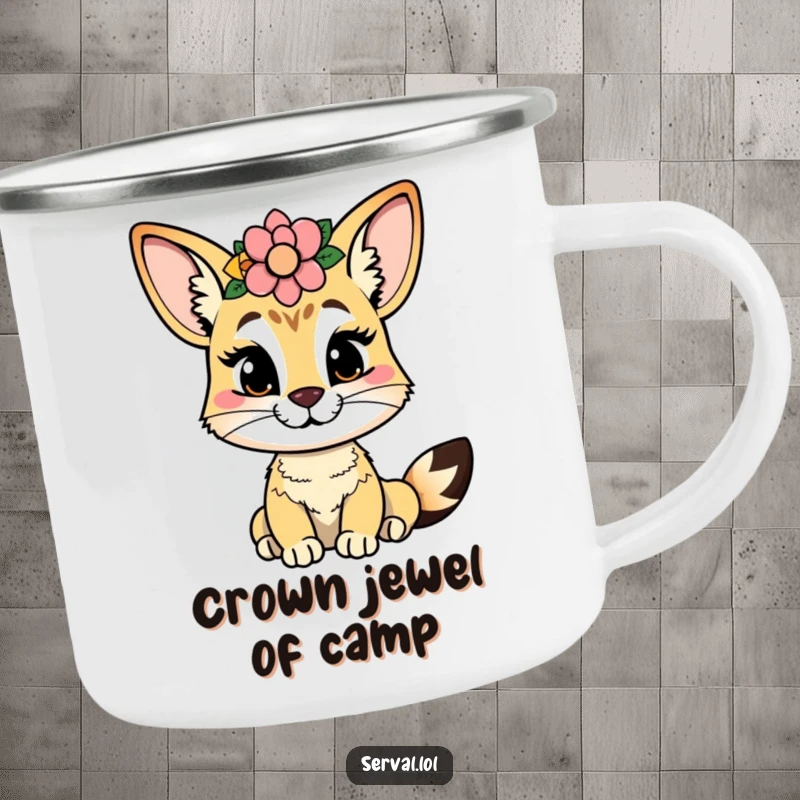 Funny serval camping mug with a cheeky serval wearing a flower crown, perfect for outdoor fun and style.