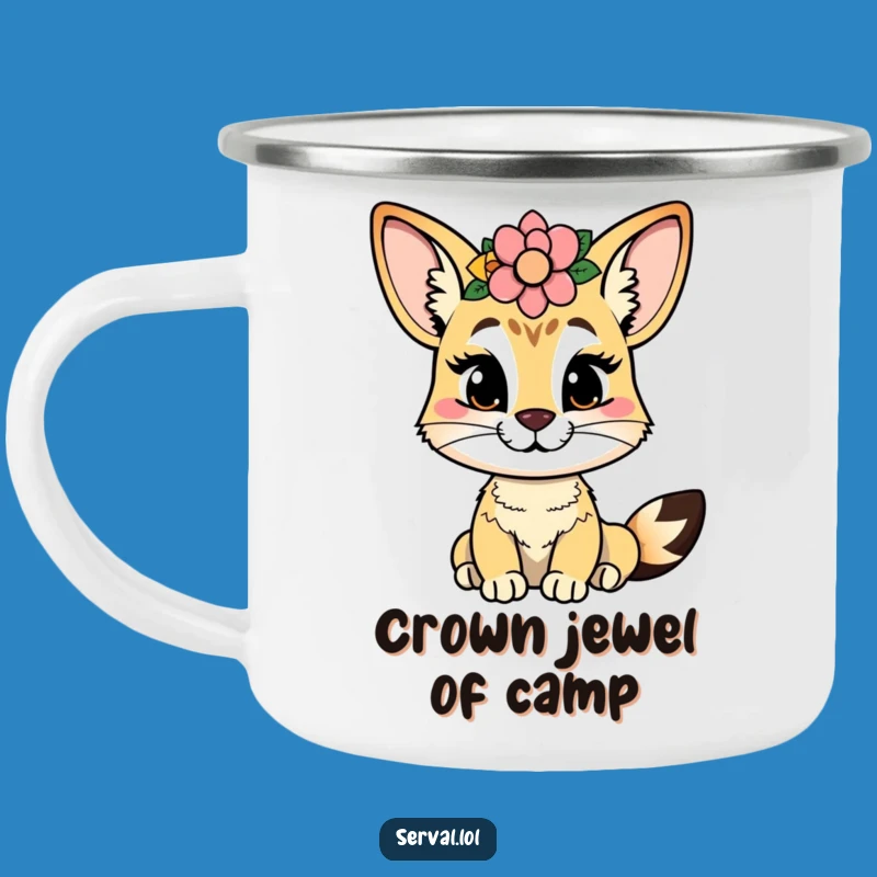 Funny Serval Flower Crown Camping Mug: Sip with Cheeky Style Outdoors