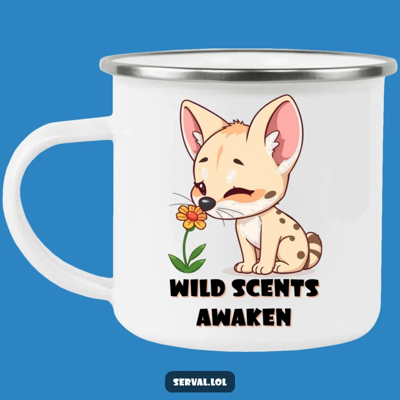 Funny Serval Flower Sniffing Camping Mug: Sip Nature's Delight Outdoors