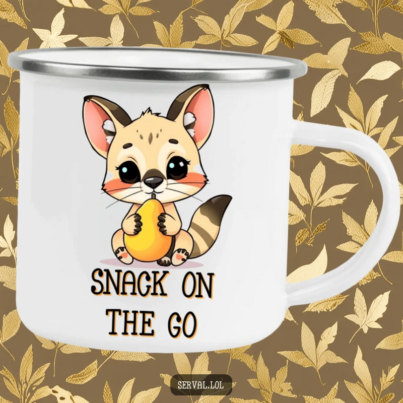 Funny serval character camping mug, skillfully balancing a small fruit on its nose, perfect for showcasing talent on the go.