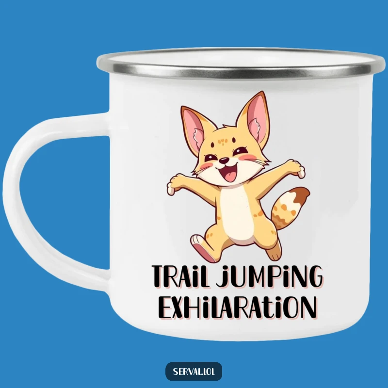 Funny Serval Joyful Leap Camping Mug: Outdoor Excitement