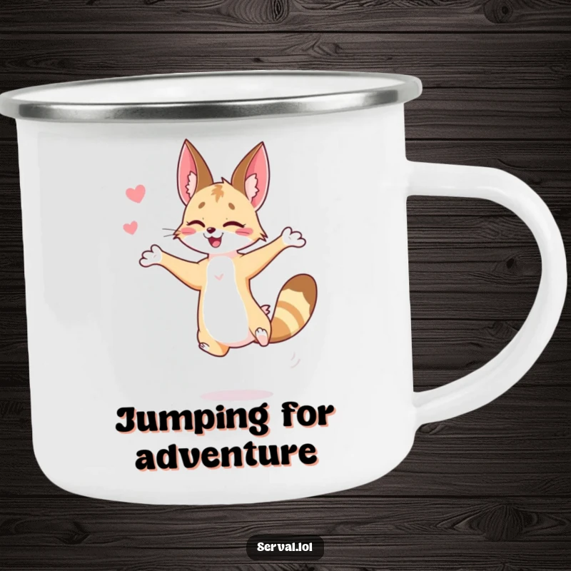Funny serval camping mug depicting a serval in an energetic jump, perfect for enjoying drinks with a wild and humorous vibe.