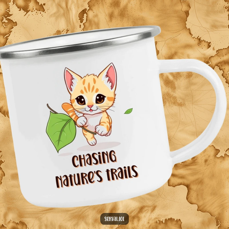 Funny Serval Kitten Leaf Chase Camping Mug: A rugged mug with a serval kitten chasing a leaf, ideal for outdoor playful humor.
