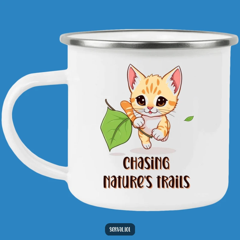 Funny Serval Kitten Leaf Chase Camping Mug: Adventure Fuelled by Playful Humor