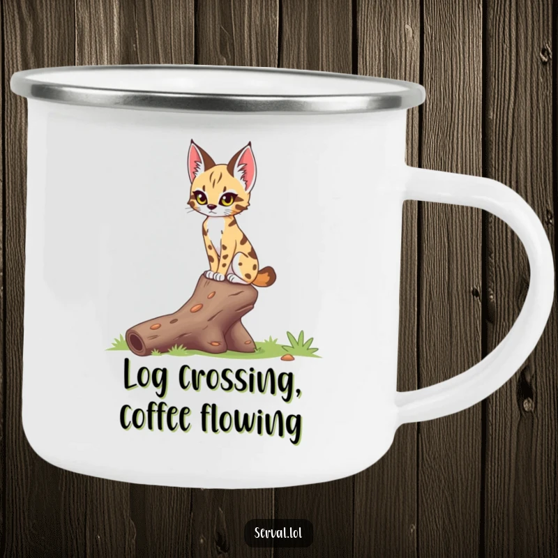 Funny serval camping mug showing a serval with a focused gaze, delicately balancing on a fallen log, perfect for outdoor concentration.