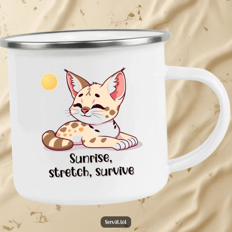 Funny serval camping mug showing a serval stretching contentedly in the morning sun, perfect for enjoying a peaceful outdoor beverage.