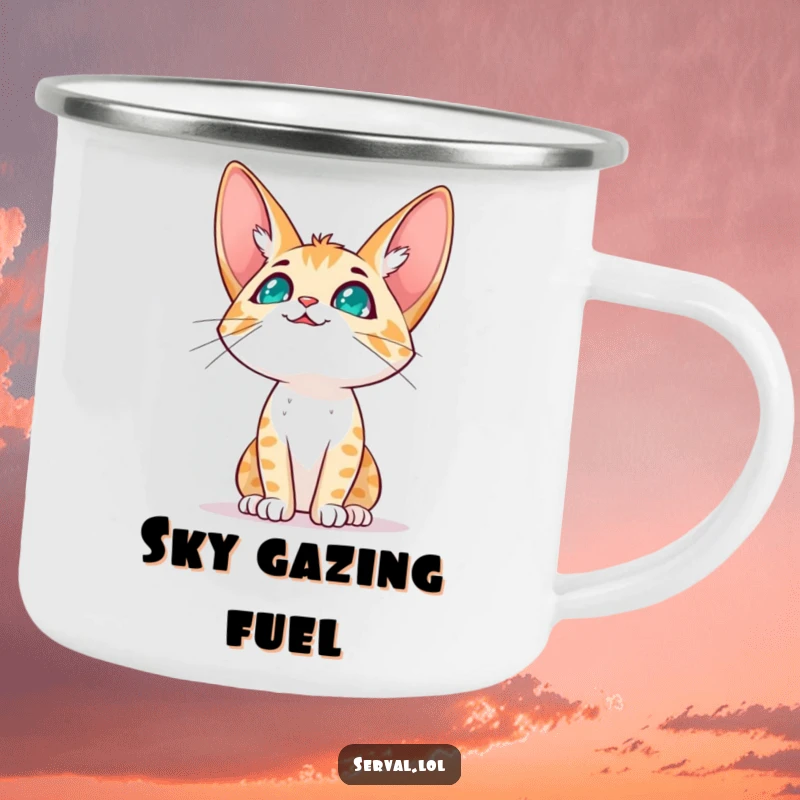 Funny serval cat character camping mug showing a serval cat looking up at the sky expectantly, perfect for enjoying drinks outdoors with a sense of wonder.